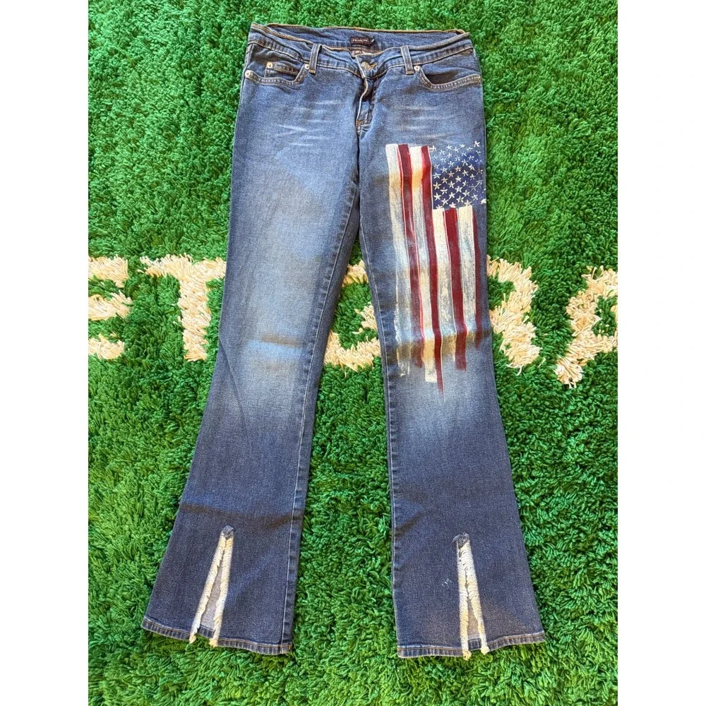 Heart Moon Star American Flag Painted Flare Jeans Low Rise Split Hem Blue Denim - Picture 2 of 9
